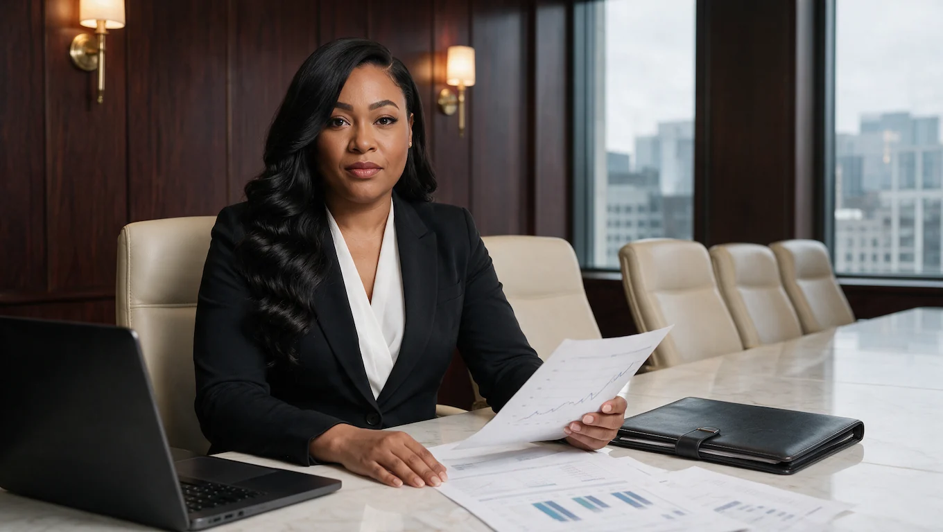 Aysia Fields reviewing financial statements in the boardroom.