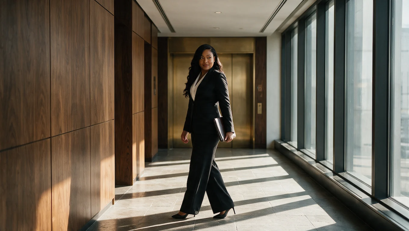 Aysia Fields walking an executive corridor with a leather folio.