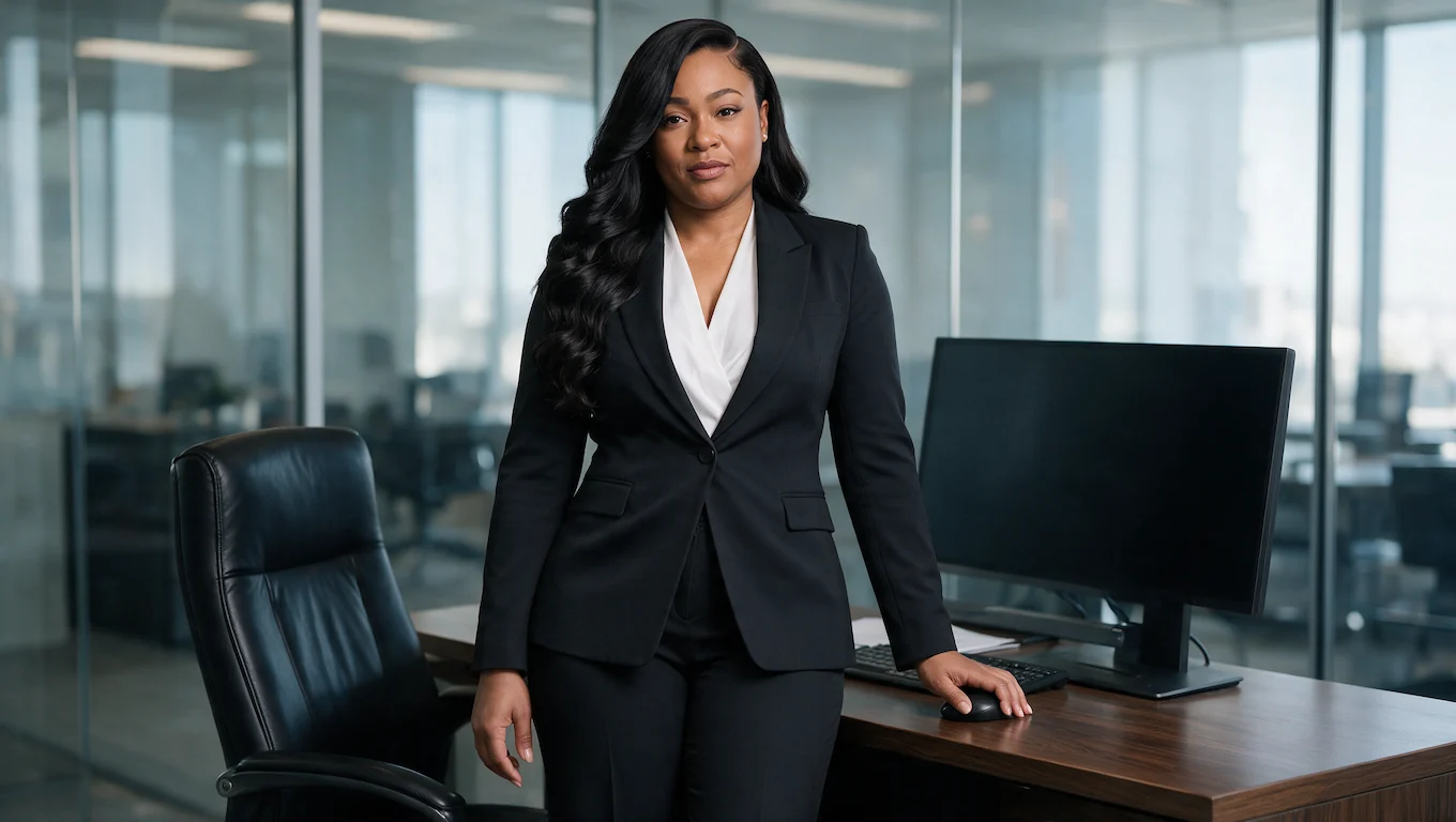 Aysia Fields at her desk in a glass-walled office.