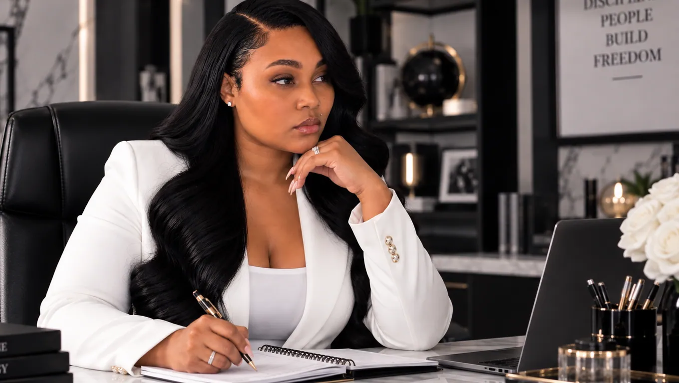Aysia Fields at her desk in a white blazer.
