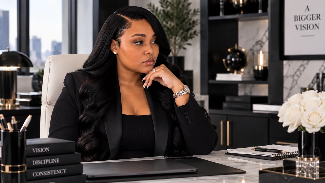 Aysia Fields at her desk with the city skyline behind her.